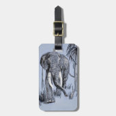 Elephant die door gegoten savanna rolt in blauw bagagelabel (Voorkant verticaal)