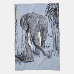 Elephant die door gegoten savanna rolt in blauw theedoek