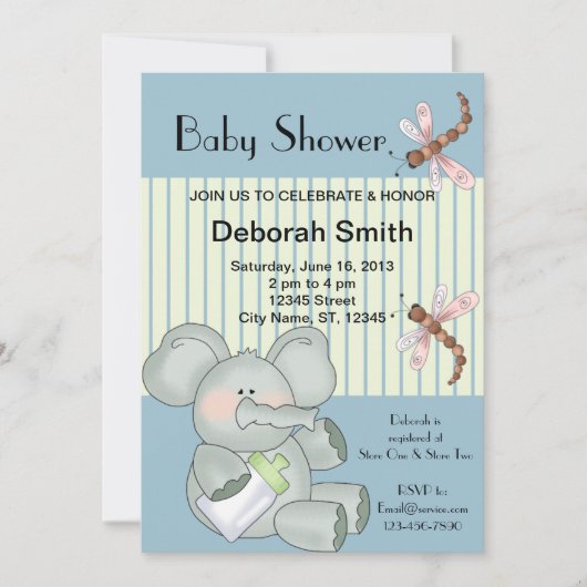 Elephant Dragonfly Blue Stripe Baby shower Kaart (Voorkant)