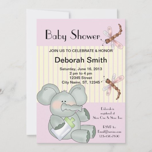 Elephant Dragonfly roze Stripe Baby shower Kaart (Voorkant)