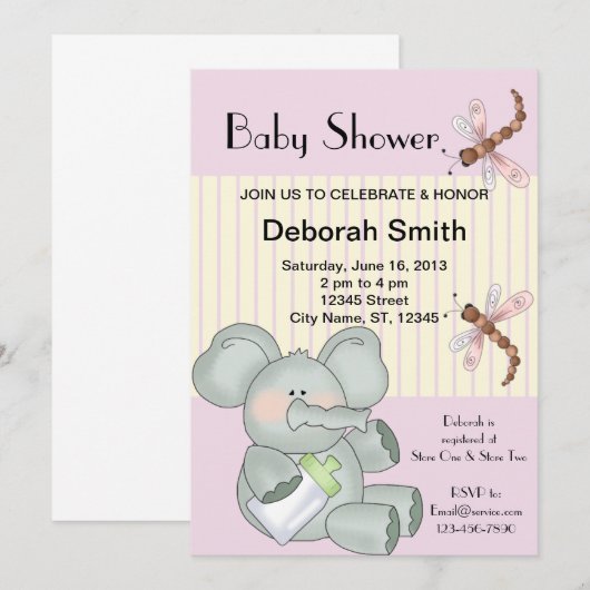 Elephant Dragonfly roze Stripe Baby shower Kaart (Voorkant / Achterkant)