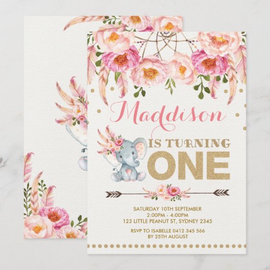 Elephant Dreamweaver Invitation Pink Gold Floral Kaart (Voorkant / Achterkant)