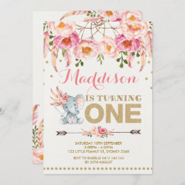 Elephant Dreamweaver Invitation Pink Gold Floral Kaart