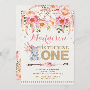 Elephant Dreamweaver Invitation Pink Gold Floral Kaart