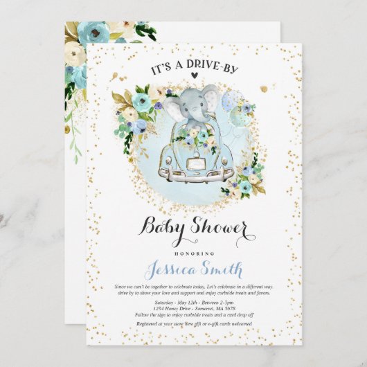 Elephant drive by Baby shower Invitation Blue Kaart (Voorkant / Achterkant)