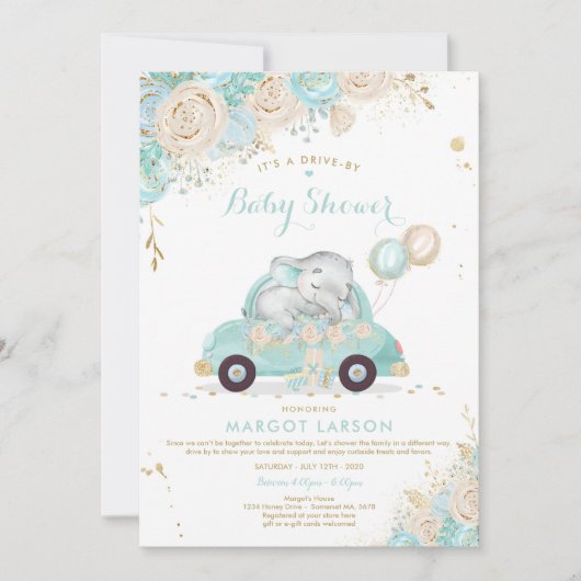 Elephant drive by Baby shower Invitation Munt Kaart (Voorkant)