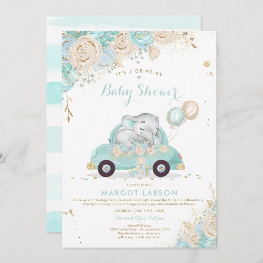 Elephant drive by Baby shower Invitation Munt Kaart (Voorkant / Achterkant)