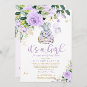 Elephant drive by Baby shower Invitation Paars Kaart