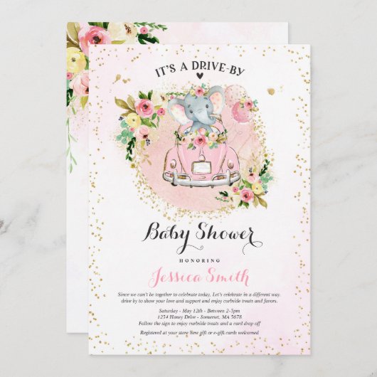 Elephant drive by Baby shower Invitation Pink Kaart (Voorkant / Achterkant)