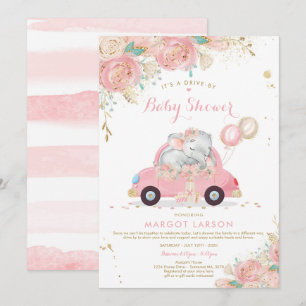 Elephant drive by Baby shower Invitation Pink Kaart