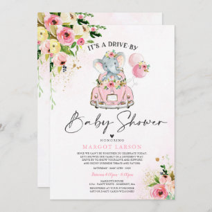 Elephant drive by Baby shower Invitation Pink Kaart