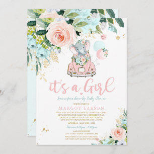Elephant drive by Baby shower Invitation roze Rose Kaart