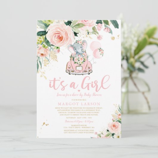 Elephant drive by Baby shower Invitation roze Rose Kaart (Staand voorkant)