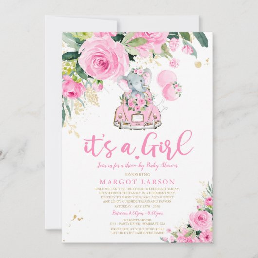 Elephant drive by Baby shower Invitation roze Rose Kaart (Voorkant)