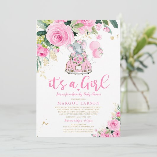 Elephant drive by Baby shower Invitation roze Rose Kaart (Staand voorkant)