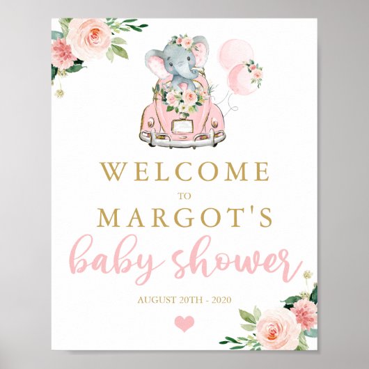 Elephant drive by Baby shower roze rozen Welkom Poster (Voorkant)