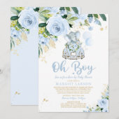 Elephant Drive door Baby shower Uitnodiging Blauw  (Voorkant / Achterkant)