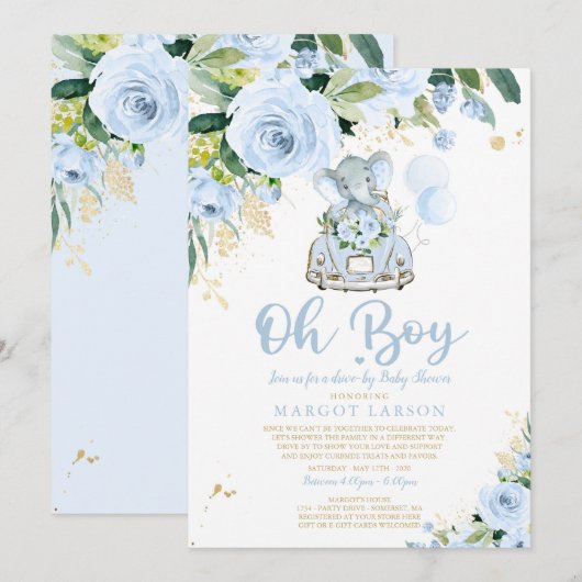 Elephant Drive door Baby shower Uitnodiging Blauw  (Voorkant / Achterkant)