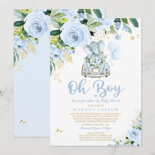 Elephant Drive door Baby shower Uitnodiging Blauw 