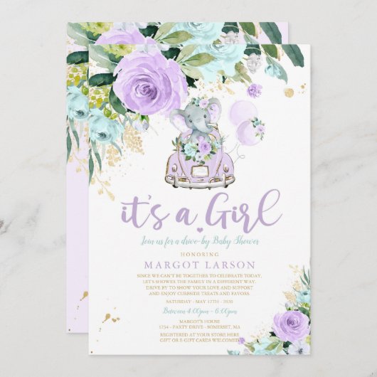 Elephant Drive door Baby shower Uitnodiging Paarse (Voorkant / Achterkant)