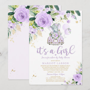 Elephant Drive door Baby shower Uitnodiging Paarse