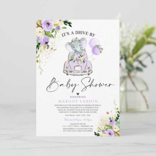 Elephant Drive door Baby shower Uitnodiging Paarse (Staand voorkant)