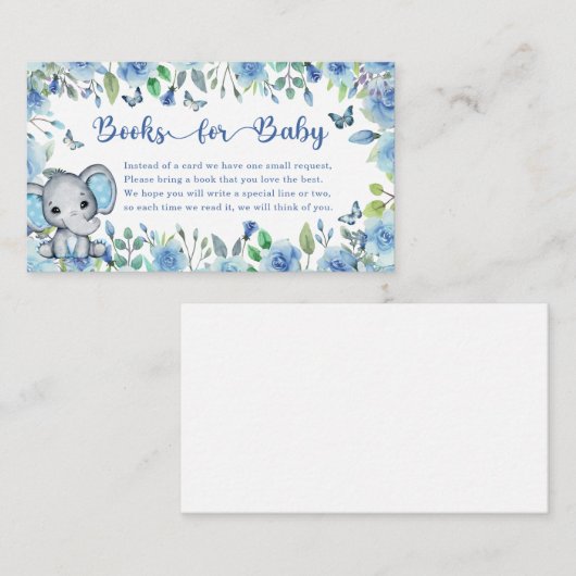 Elephant Dusty Blue Roos Baby shower Boeken F Baby Informatiekaartje (Voorkant / Achterkant)