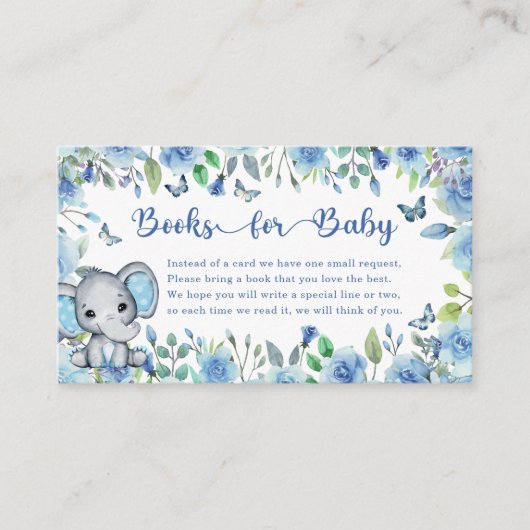Elephant Dusty Blue Roos Baby shower Boeken F Baby Informatiekaartje (Voorkant)