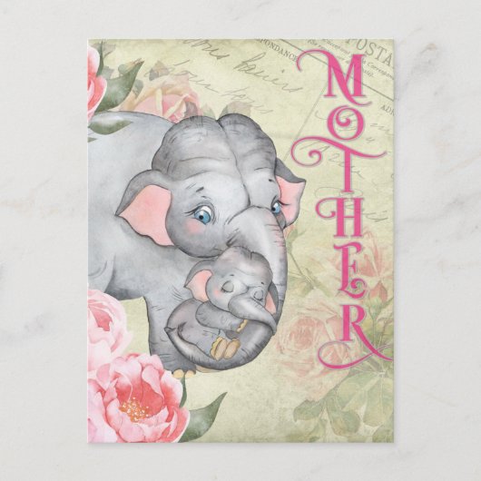 Elephant en Baby  Floral Moederdag Briefkaart (Voorkant)