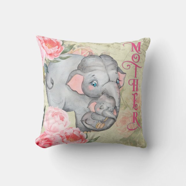 Elephant en Baby  Floral Moederdag Kussen (Voorkant)