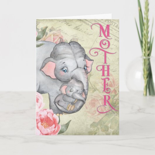 Elephant en Baby  Frech Floral Moederdag Kaart (Voorkant)