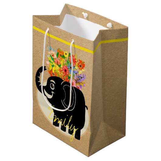 Elephant en bloemen middelgrote cadeautas (Voorkant Gekanteld)