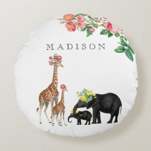 Elephant en Giraffe Floral - Aangepaste Baby Rond Kussen