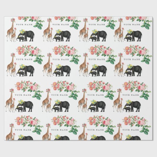 Elephant en Giraffe Floral - Aangepaste naam Cadeaupapier (Vlak)