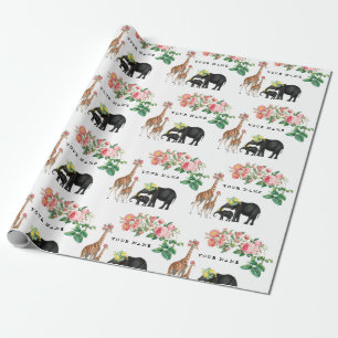 Elephant en Giraffe Floral - Aangepaste naam Cadeaupapier