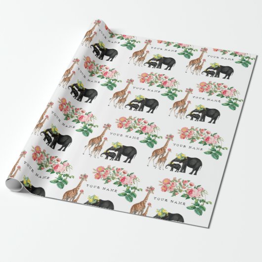 Elephant en Giraffe Floral - Aangepaste naam Cadeaupapier (Uitgerold)