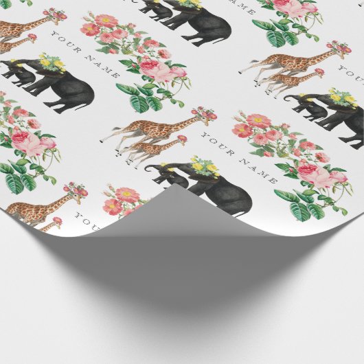 Elephant en Giraffe Floral - Aangepaste naam Cadeaupapier (Hoek)