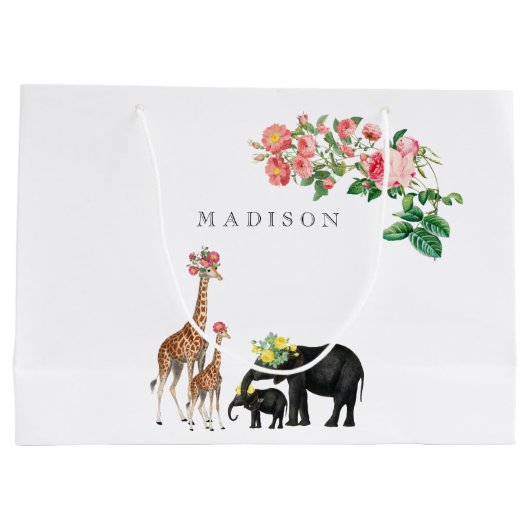 Elephant en Giraffe Floral - Aangepaste naam Groot Cadeauzakje (Achterkant)