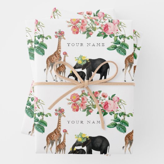 Elephant en Giraffe Floral - Aangepaste naam Inpakpapier Vel (In situ)