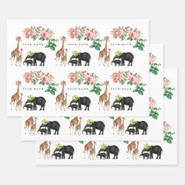 Elephant en Giraffe Floral - Aangepaste naam Inpakpapier Vel