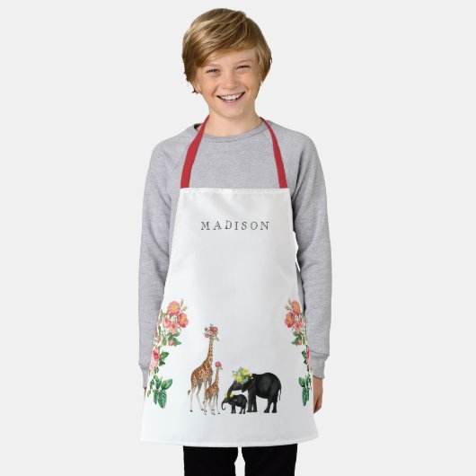 Elephant en Giraffe Floral Aangepaste naam Kindere Schort (Gedragen)