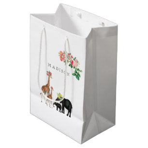 Elephant en Giraffe Floral - Aangepaste naam Medium Cadeauzakje