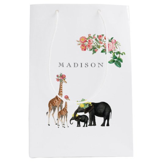 Elephant en Giraffe Floral - Aangepaste naam Medium Cadeauzakje (Voorkant)