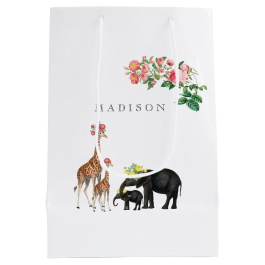 Elephant en Giraffe Floral - Aangepaste naam Medium Cadeauzakje (Achterkant)