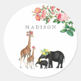 Elephant en Giraffe Floral - Aangepaste naam Ronde Sticker