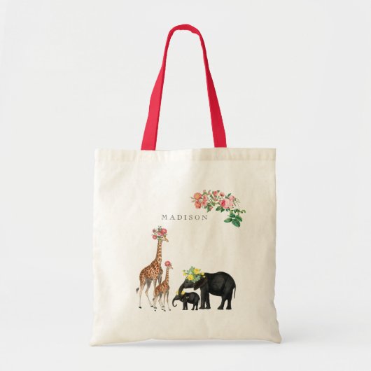 Elephant en Giraffe Floral - Aangepaste naam Tote Bag (Voorkant)