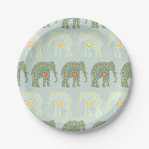 Elephant en Mandala in Light Green Papieren Bordje