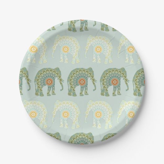 Elephant en Mandala in Light Green Papieren Bordje (Voorkant)