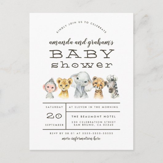 Elephant en Oerwoud Friends Rustisch Baby shower Uitnodiging Briefkaart (Voorkant)