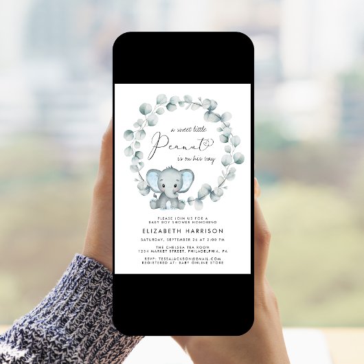Elephant Eucalyptus Baby Boy Shower Kaart